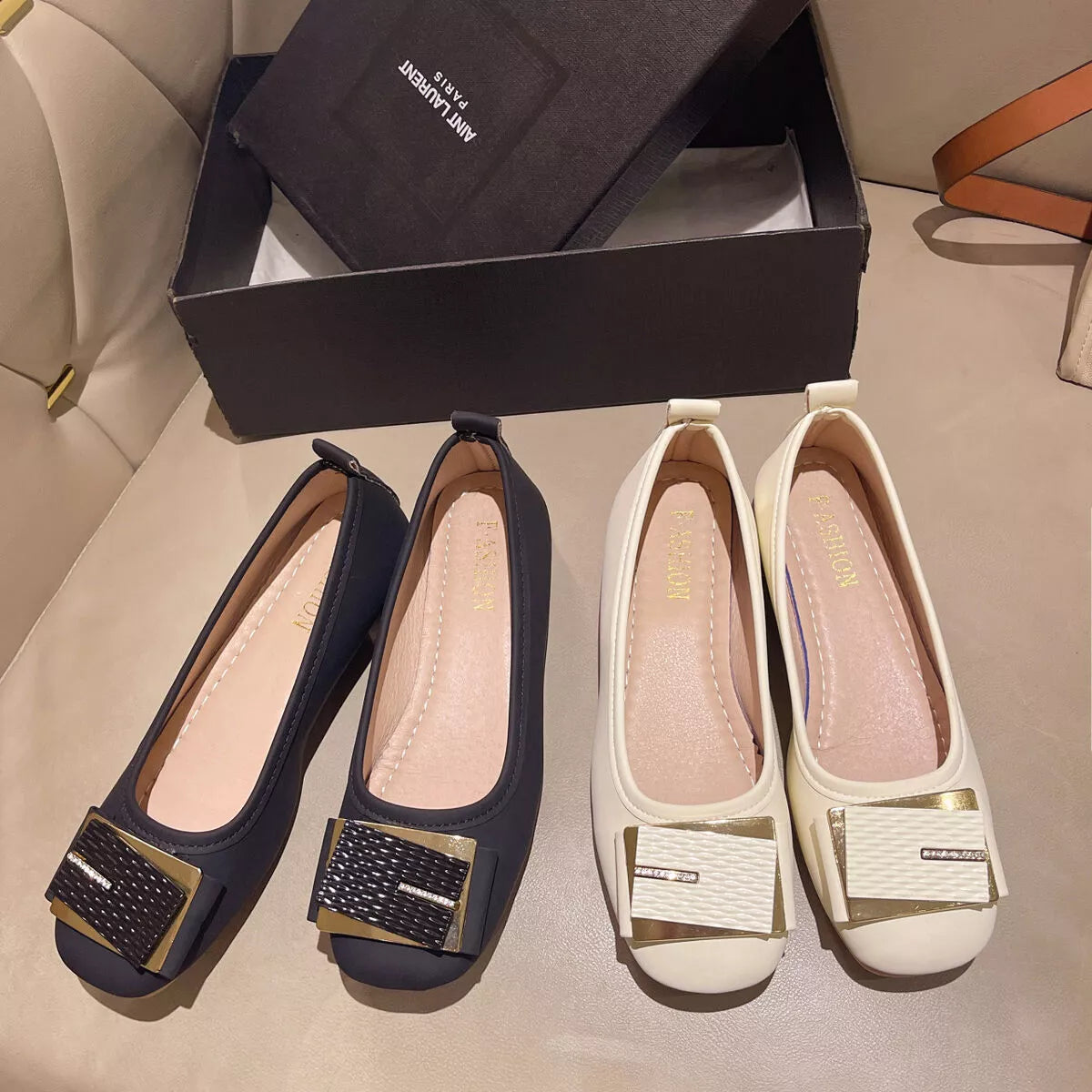 Plush Fashion Hub round toe block heel slip-on footwear in neutral color, showcasing stylish and comfortable women's shoes.