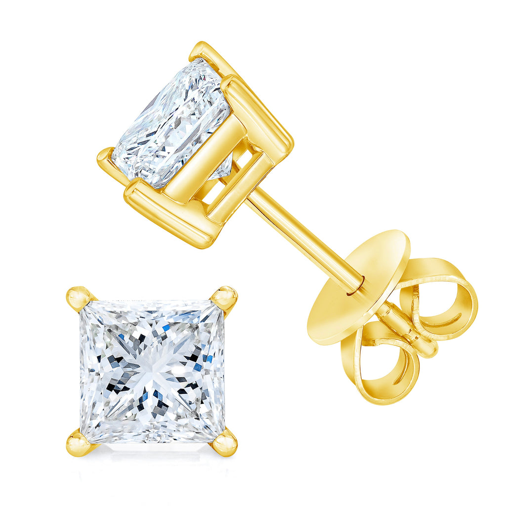 14K yellow gold princess-cut diamond stud earrings with near colorless I-J color, 4-prong setting, I2-I3 clarity, classic jewelry piece