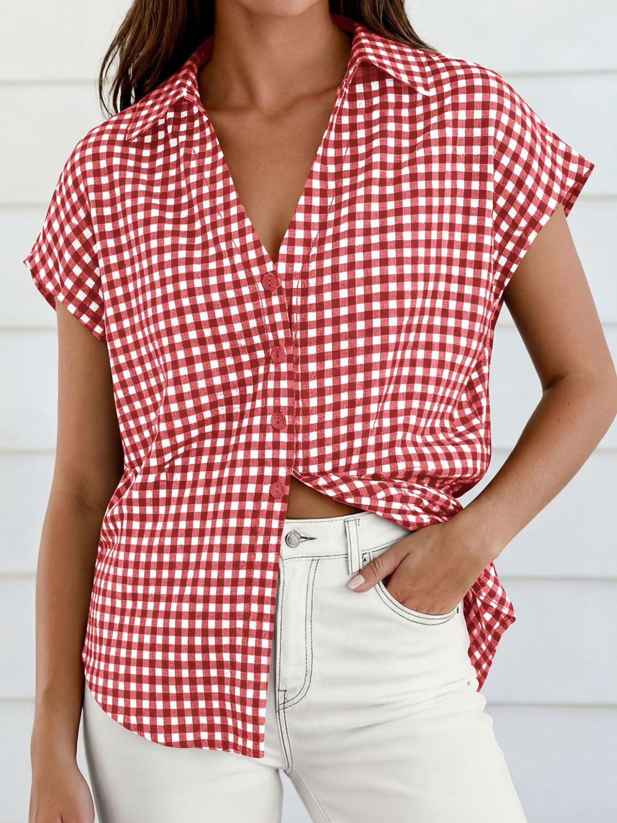 Women's classic gingham print button-down shirt with tie detail by Plush Fashion Hub, shown on a model.