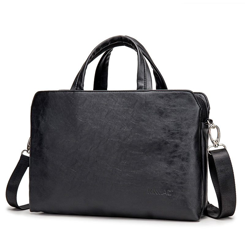 Pi-Mart handheld leather briefcase with one shoulder strap, designed for business use and featuring a sleek, professional look.