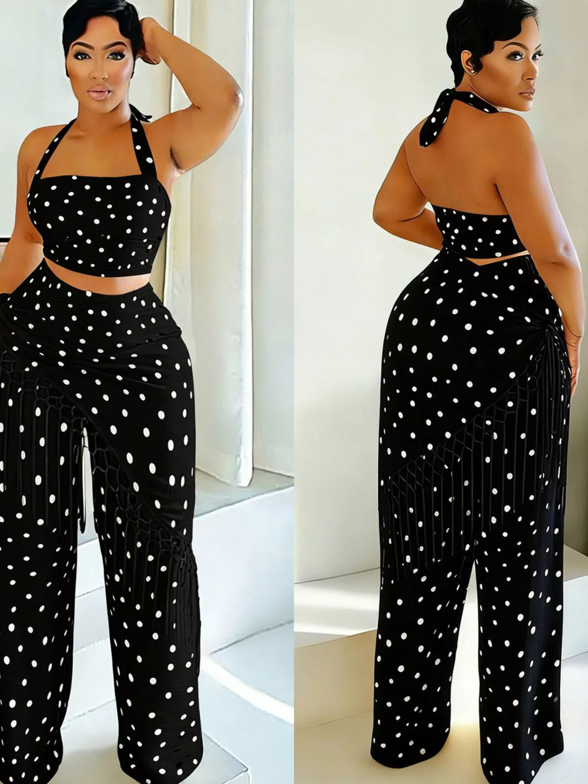 Polka dot halter neck cami top with fringe trim pants set by Plush Fashion Hub, featuring rings detail on a stylish fashion model.