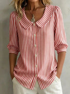 FitiqueFit striped V-neck casual top with three-quarter sleeves, featuring a stylish and comfortable design in a relaxed fit.