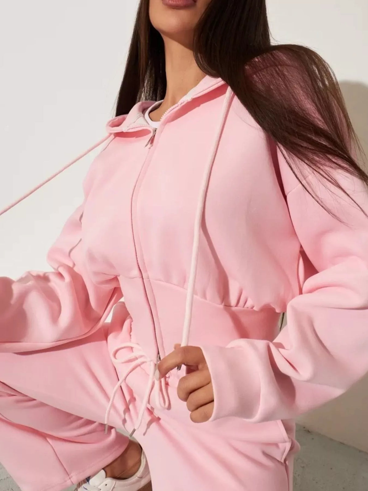 Plush Fashion Hub zip-up hoodie and wide-leg pants loungewear set in soft fabric, shown on a model, casual comfortable style.
