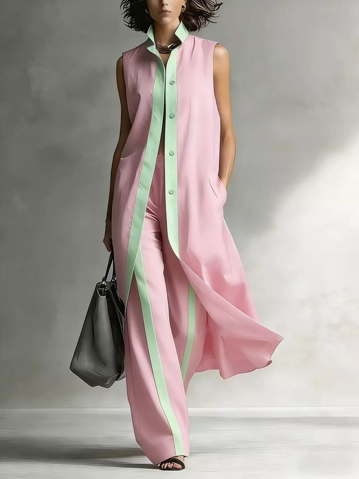 Plus size sleeveless longline vest and wide-leg pants matching set by Trendsi, featuring a stylish, comfortable coordinated outfit.
