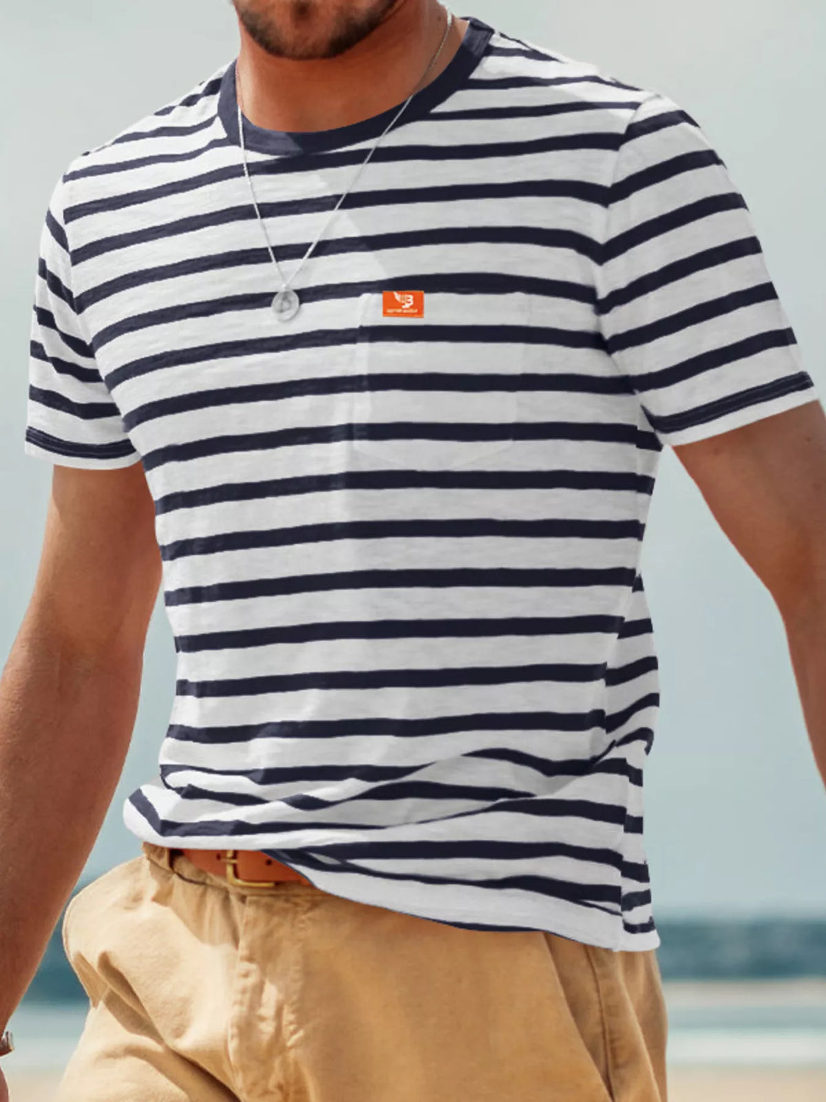 Men's plus size striped pocket short sleeve T-shirt by Plush Fashion Hub, featuring a casual fit and stylish design.