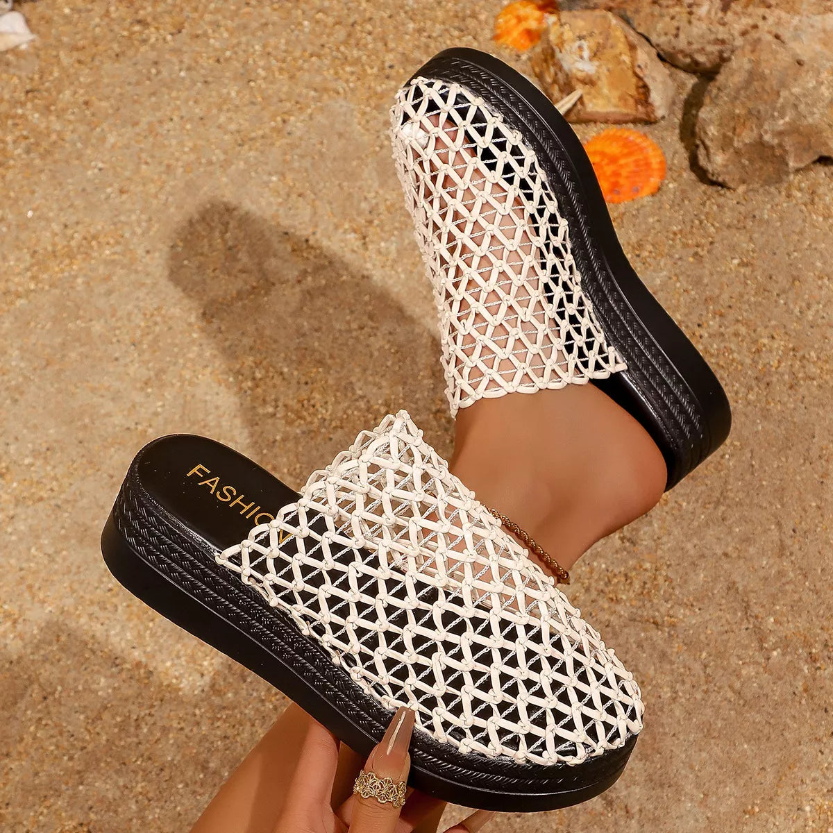 Plush Fashion Hub woven design platform sandals with open toe and ankle strap, stylish and comfortable for casual wear.