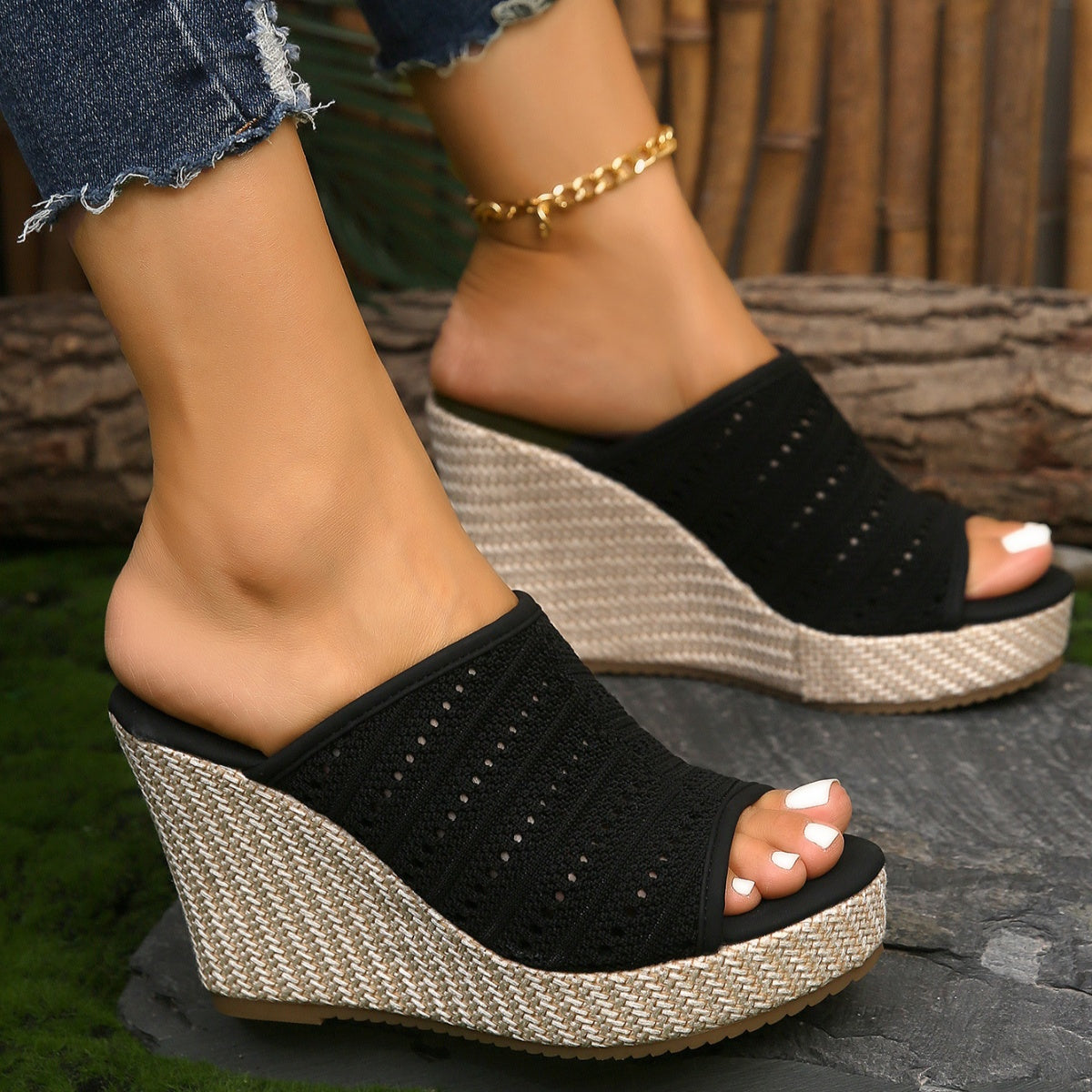 Women's mesh open toe wedge sandals by Plush Fashion Hub featuring high heels and comfortable design.