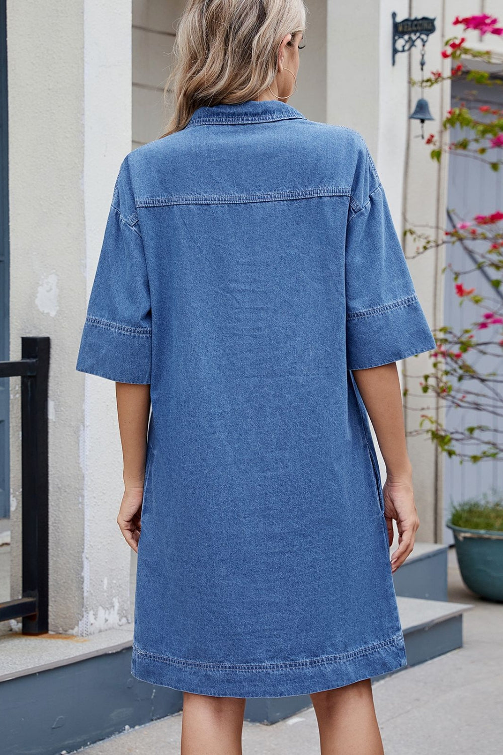 Plush Fashion Hub Johnny collar half sleeve denim dress with front pockets, casual stylish clothing for women.