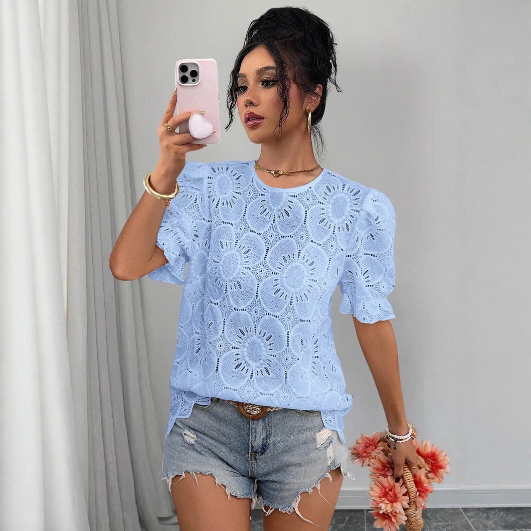 Women's loose fit hollow-out lace puff-sleeve shirt top, casualwear by Plush Fashion Hub, showing intricate lace details and puff sleeves.