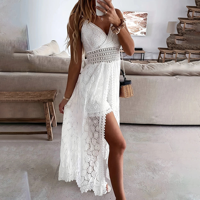 Women's elegant lace V-neck sleeveless jumpsuit by FitiqueFit, showcasing its stylish casualwear design and intricate lace details.