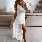Women's elegant lace V-neck sleeveless jumpsuit by FitiqueFit, showcasing its stylish casualwear design and intricate lace details.