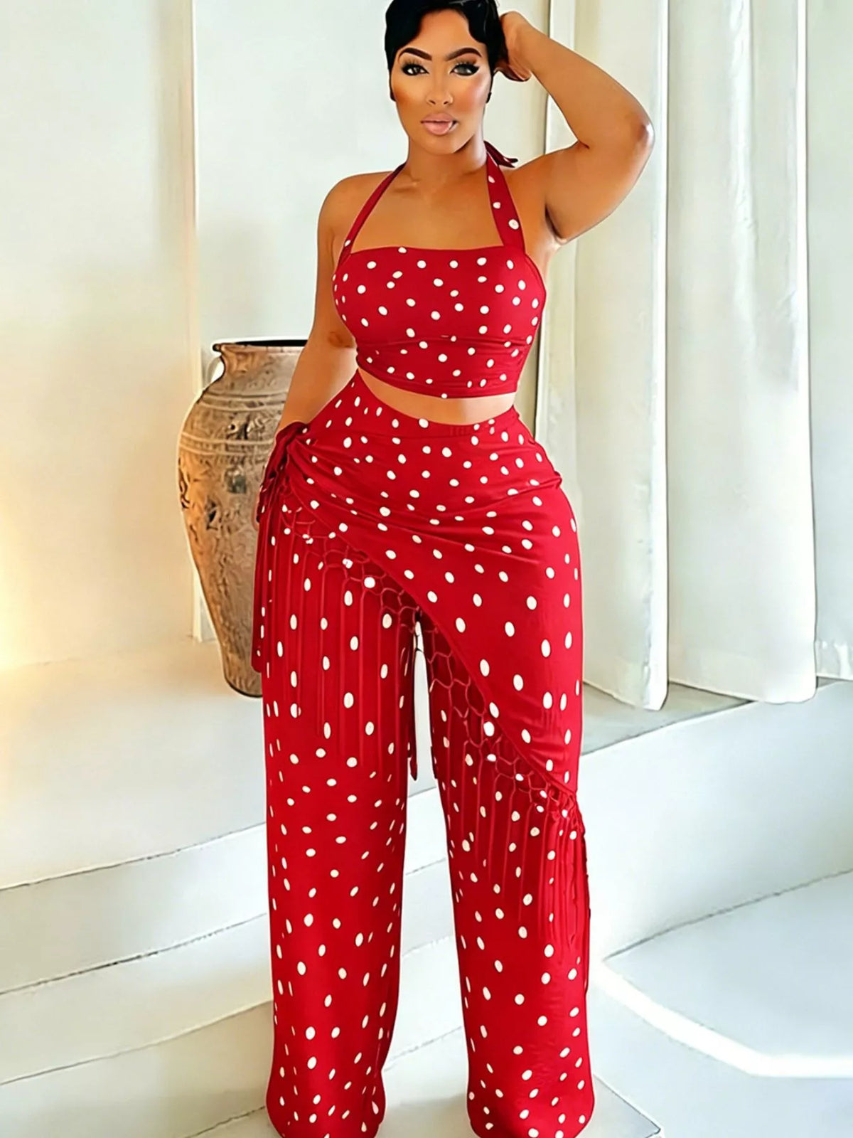 Polka dot halter neck cami and fringe trim pants set by Plush Fashion Hub, featuring stylish rings detail and trendy design.