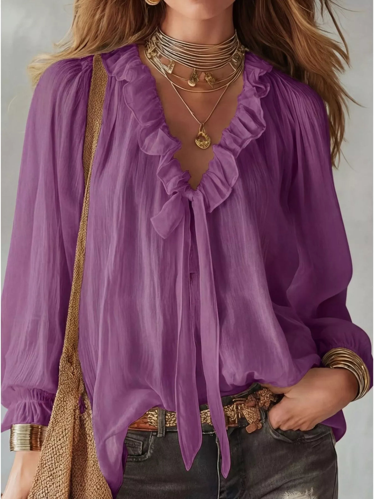Plush Fashion Hub ruffle long sleeve blouse with feminine design and lightweight fabric, shown on a white background.