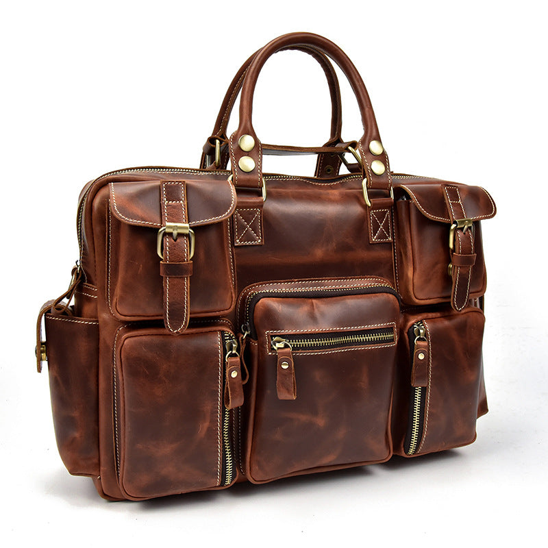 Pi-Mart men's leather briefcase with shoulder strap, designed for laptops and business use, crafted from durable horse leather.