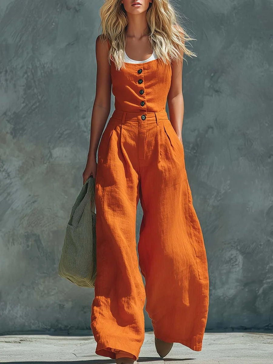 Women's retro button-front high-waist wide-leg jumpsuit by FitiqueFit, showing casualwear style with a fitted top and flowing wide-leg pants.