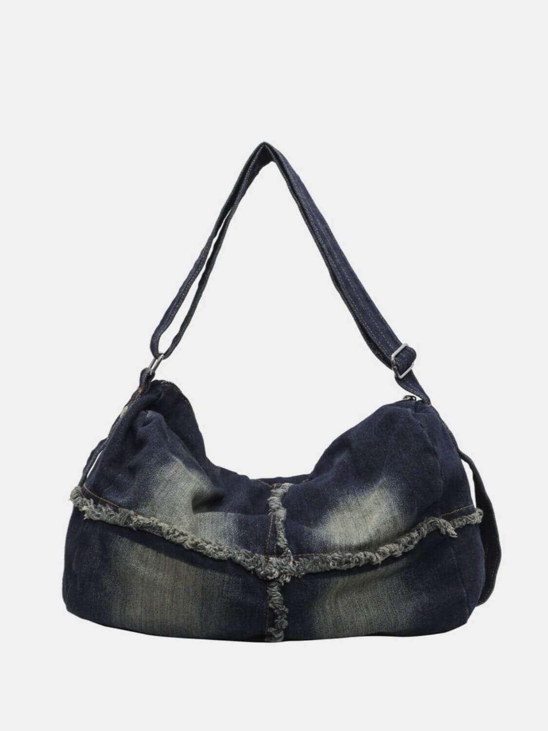 Raw Hem Gradient Crossbody Bag for women, large denim, spacious interior.