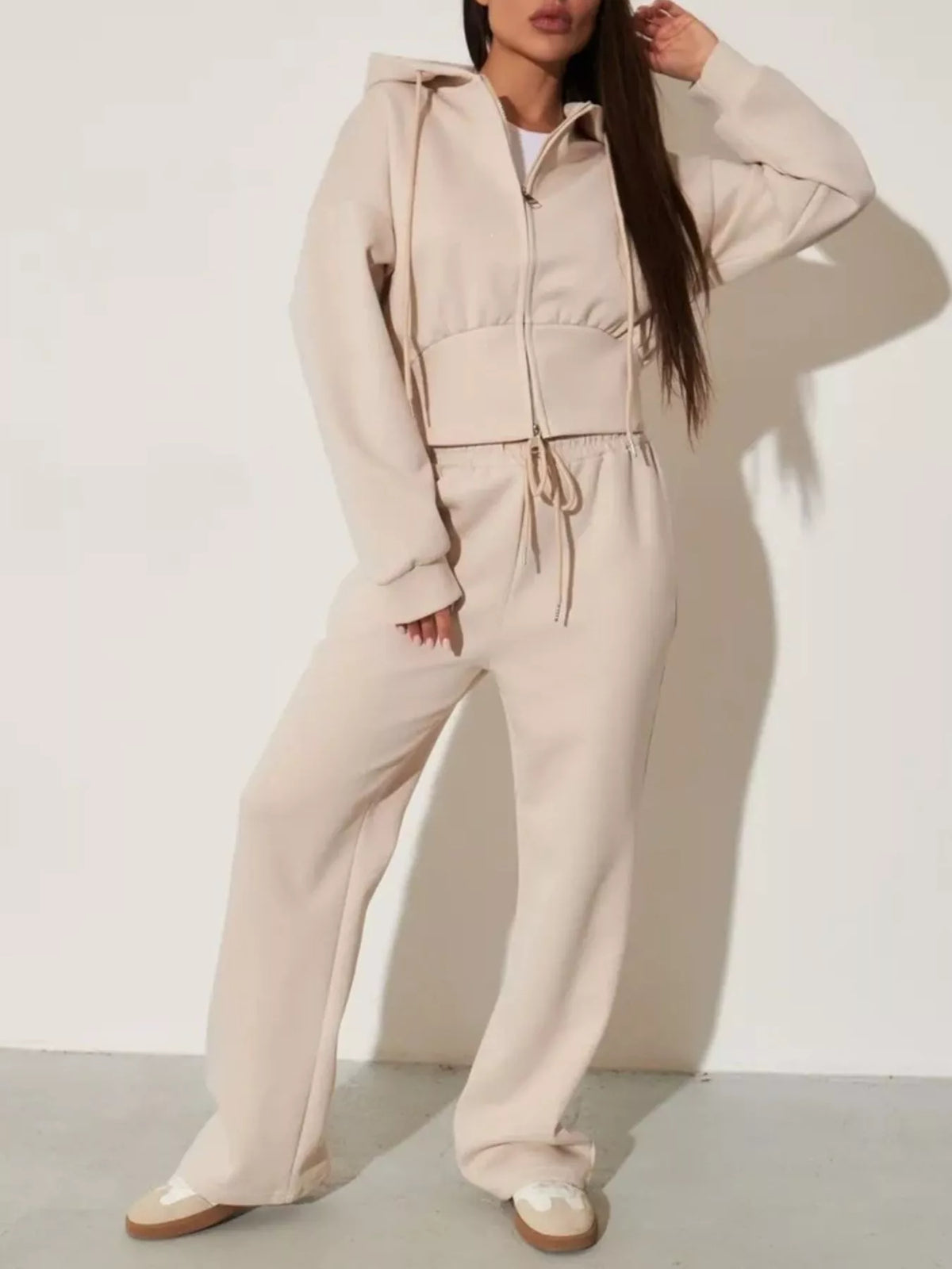 Plush Fashion Hub zip-up hoodie and wide-leg pants loungewear set, soft fabric, casual style, shown in a relaxed fit on a model.