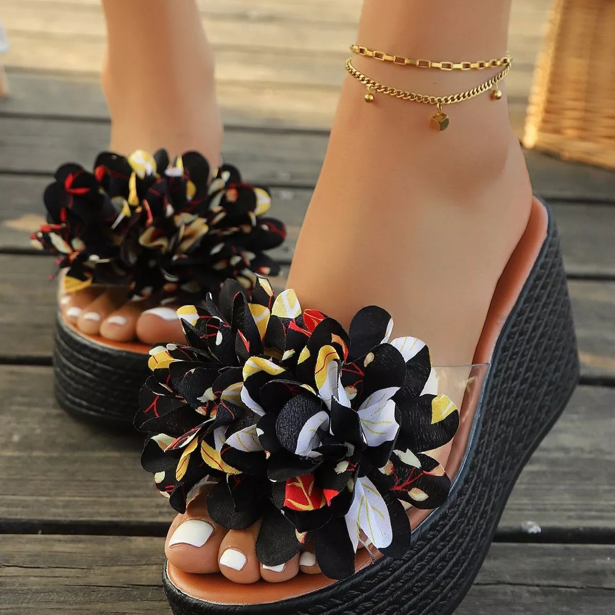 Plush Fashion Hub floral decor platform wedge sandals with colorful flower details and comfortable wedge heel on neutral background.