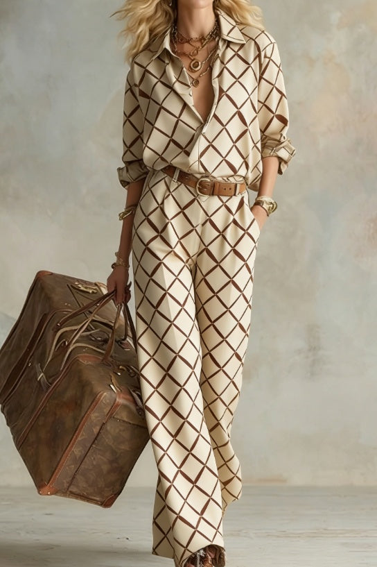 Women's casualwear set by FitiqueFit featuring a vertical stripe collared long-sleeve shirt and wide-leg pants.