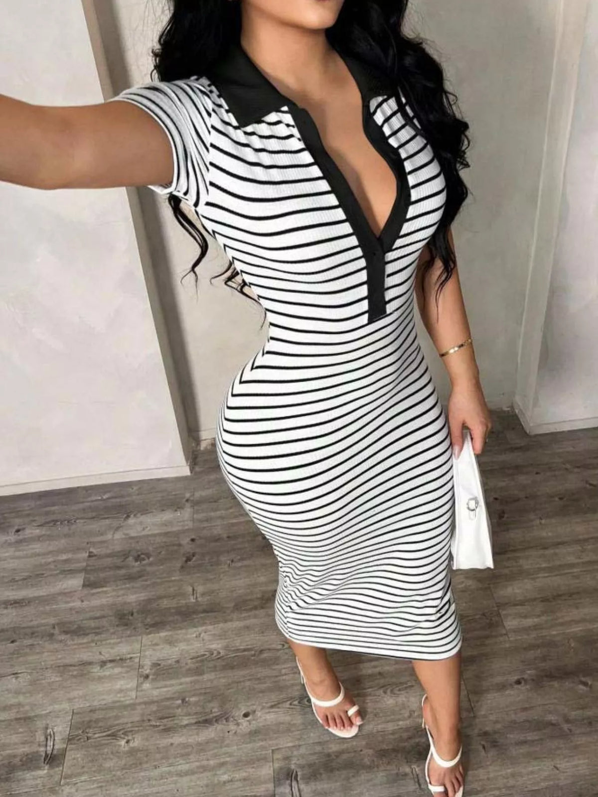 Striped polo collar midi dress from Plush Fashion Hub featuring a fitted waist and casual chic style, perfect for everyday wear.