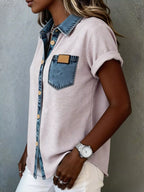 Denim trim short sleeve shirt from Trendsi, casual top with denim accents and a classic fit, shown on a model.