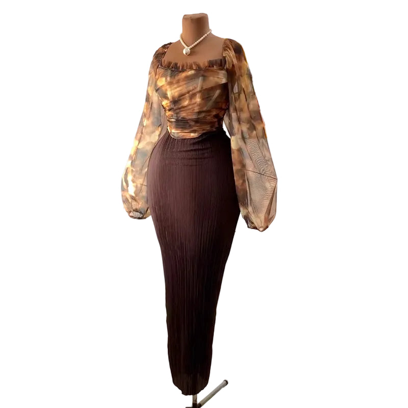 Square collar lantern sleeve top and high-waisted skirt set by Plush Fashion Hub, featuring stylish top and matching skirt.