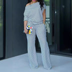Eprolo asymmetrical off-shoulder two-piece tops set featuring a stylish, modern design with cropped and long sleeve elements.