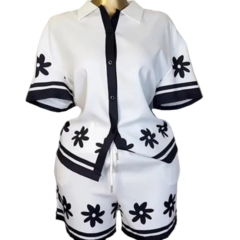 Colorblock printed collared shirt and shorts set by Plush Fashion Hub, featuring vibrant designs and casual summer style.