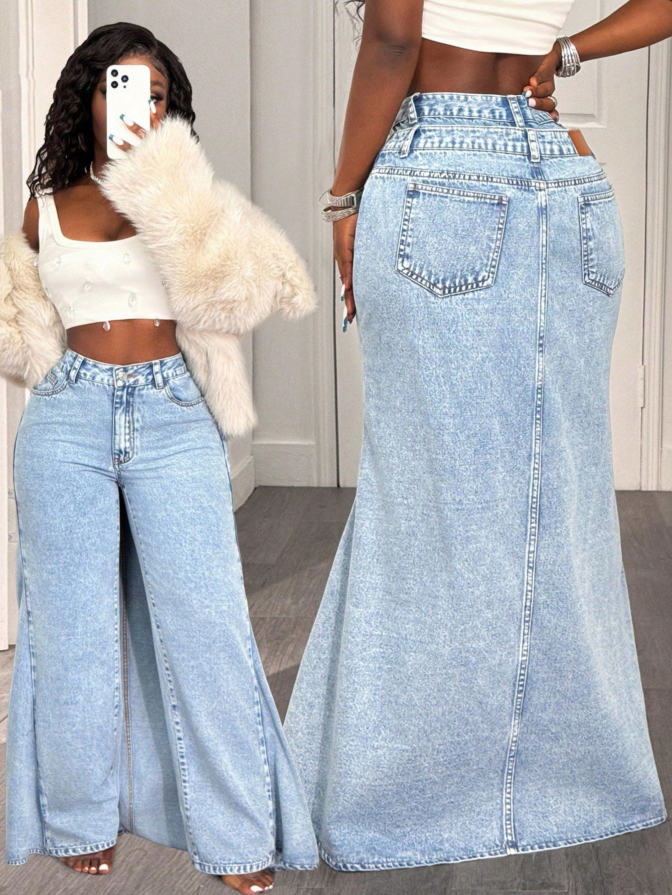 Eprolo relaxed fit high-rise wide-leg jeans with light wash denim and classic five-pocket design.