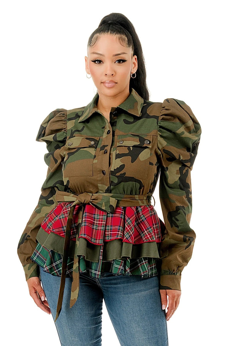 Camo Long Sleeve Waist Tie Patchwork Ruffle Peplum Layered Jacket The House of Styles