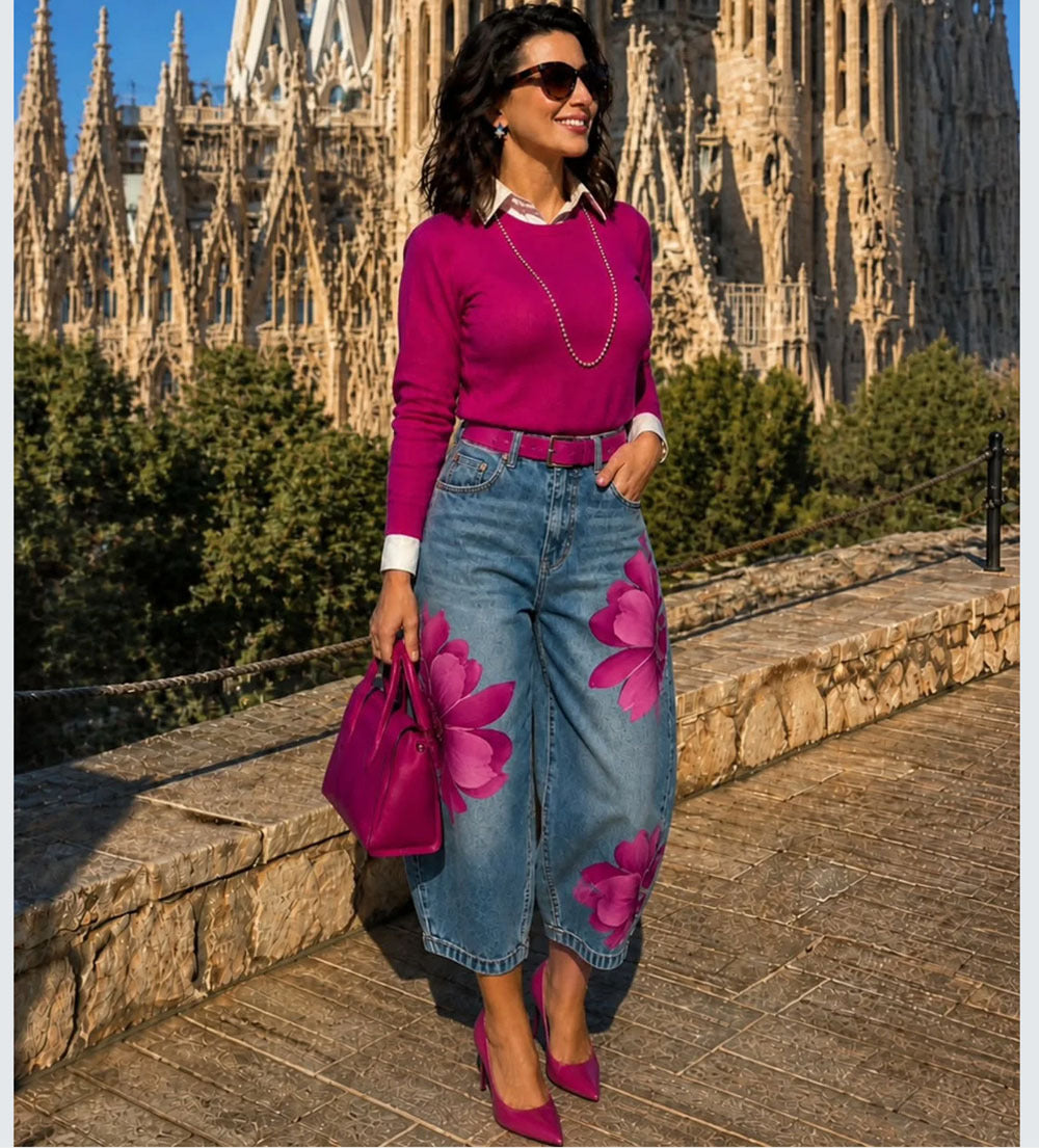 Women’s floral printed cropped denim jeans by Plush Fashion Hub, featuring street style design and vibrant floral patterns.