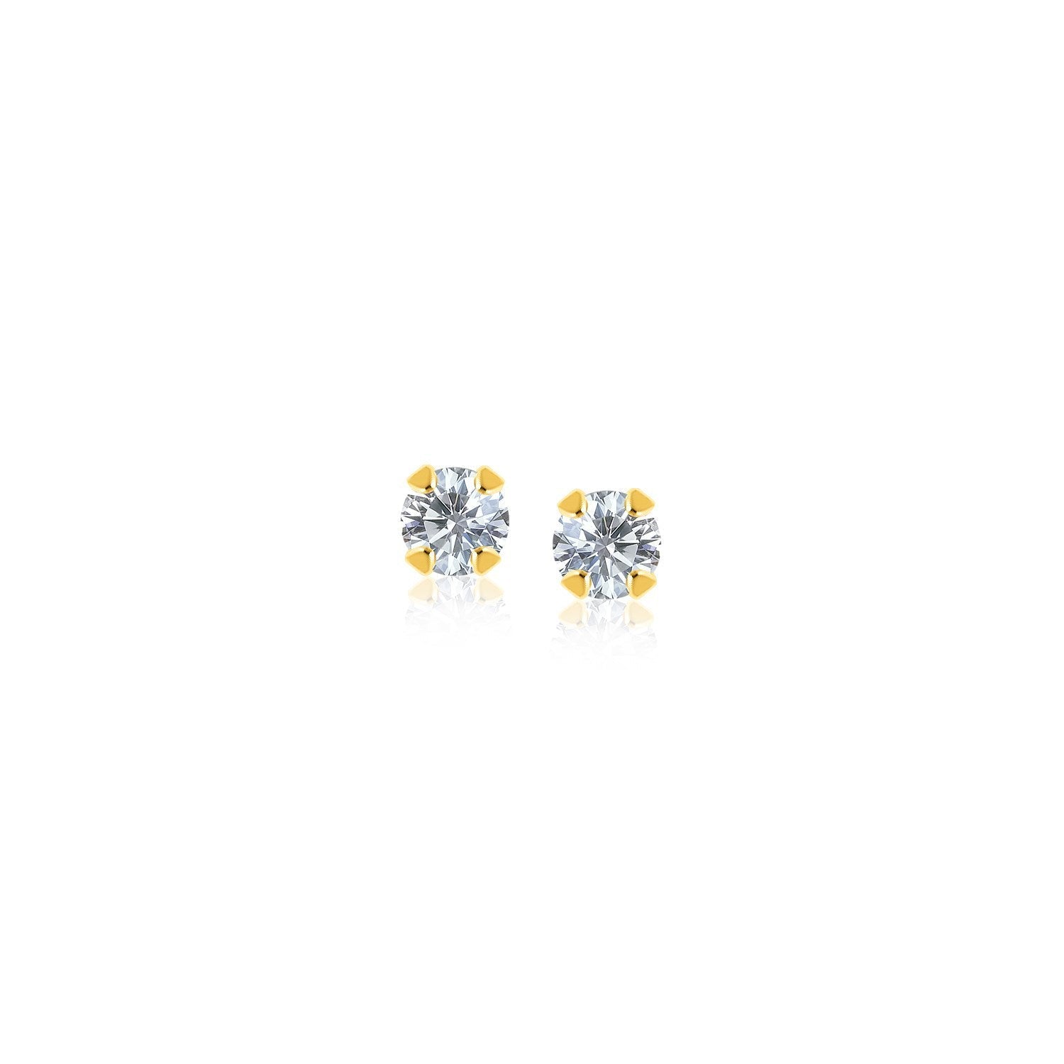 14k yellow gold stud earrings with faceted white cubic zirconia, showcasing elegant jewelry design and sparkling gemstone details.