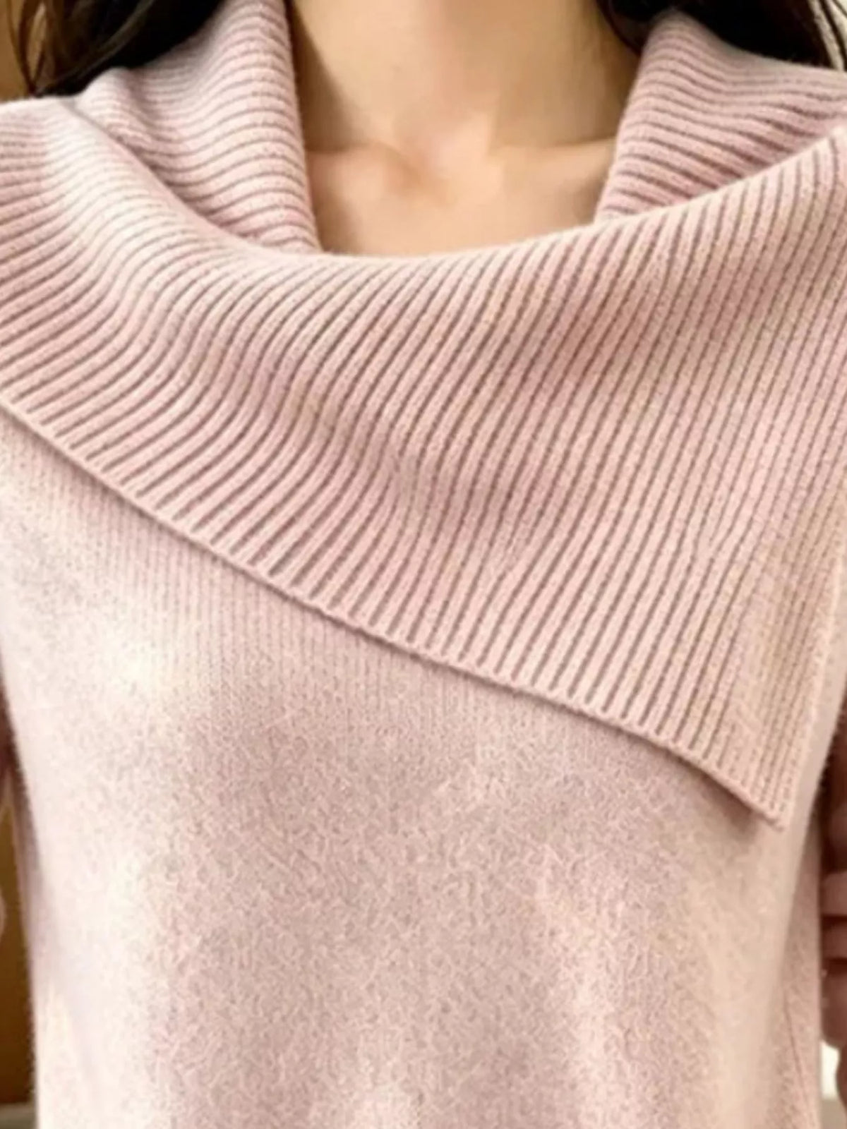 Plus size asymmetric ribbed collar sweater by Trendsi, featuring a stylish design and cozy knit fabric in full size.