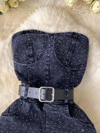 Strapless denim romper with pockets from Plush Fashion Hub, showcasing a full-body suit style on a model.