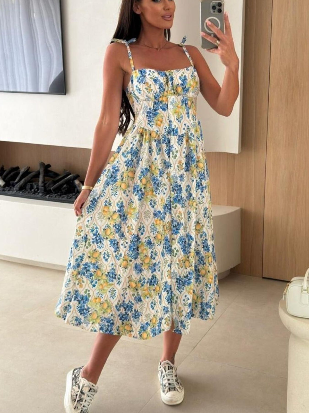 Women’s striped tie-shoulder midi dress by Plush Fashion Hub, casual summer dress with a relaxed fit and stylish design.