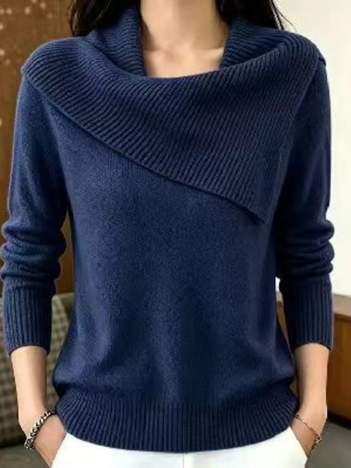 Plus size Trendsi full size ribbed collar sweater with asymmetric design, featuring a cozy knit texture and relaxed fit.