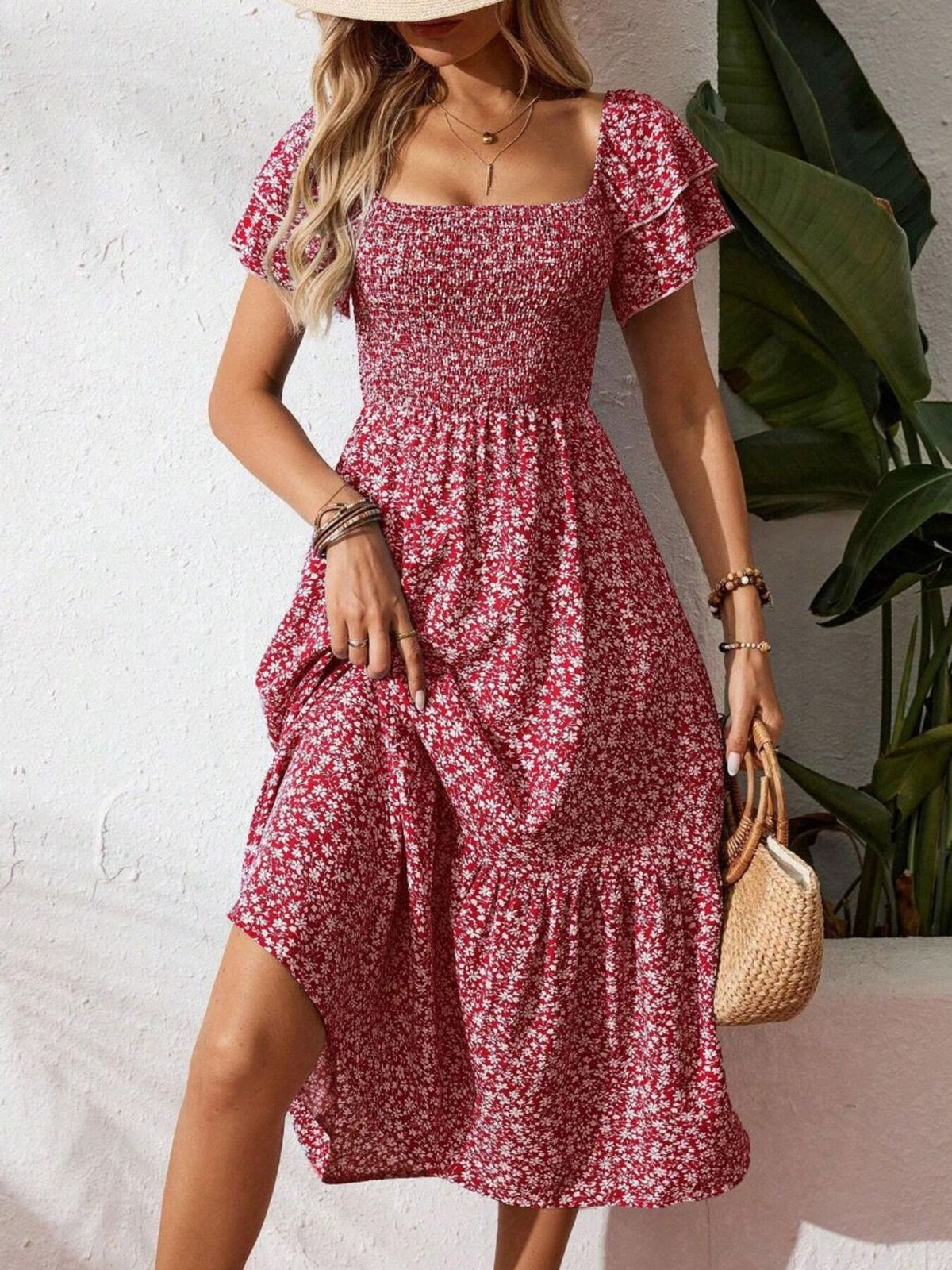 Floral print smocked ruffle sleeve midi dress by Plush Fashion Hub, lightweight summer dress with feminine floral pattern and flowy design.