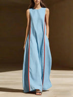 Women's linen sleeveless striped maxi dress by FitiqueFit, casualwear with a loose fit and breathable fabric perfect for summer.