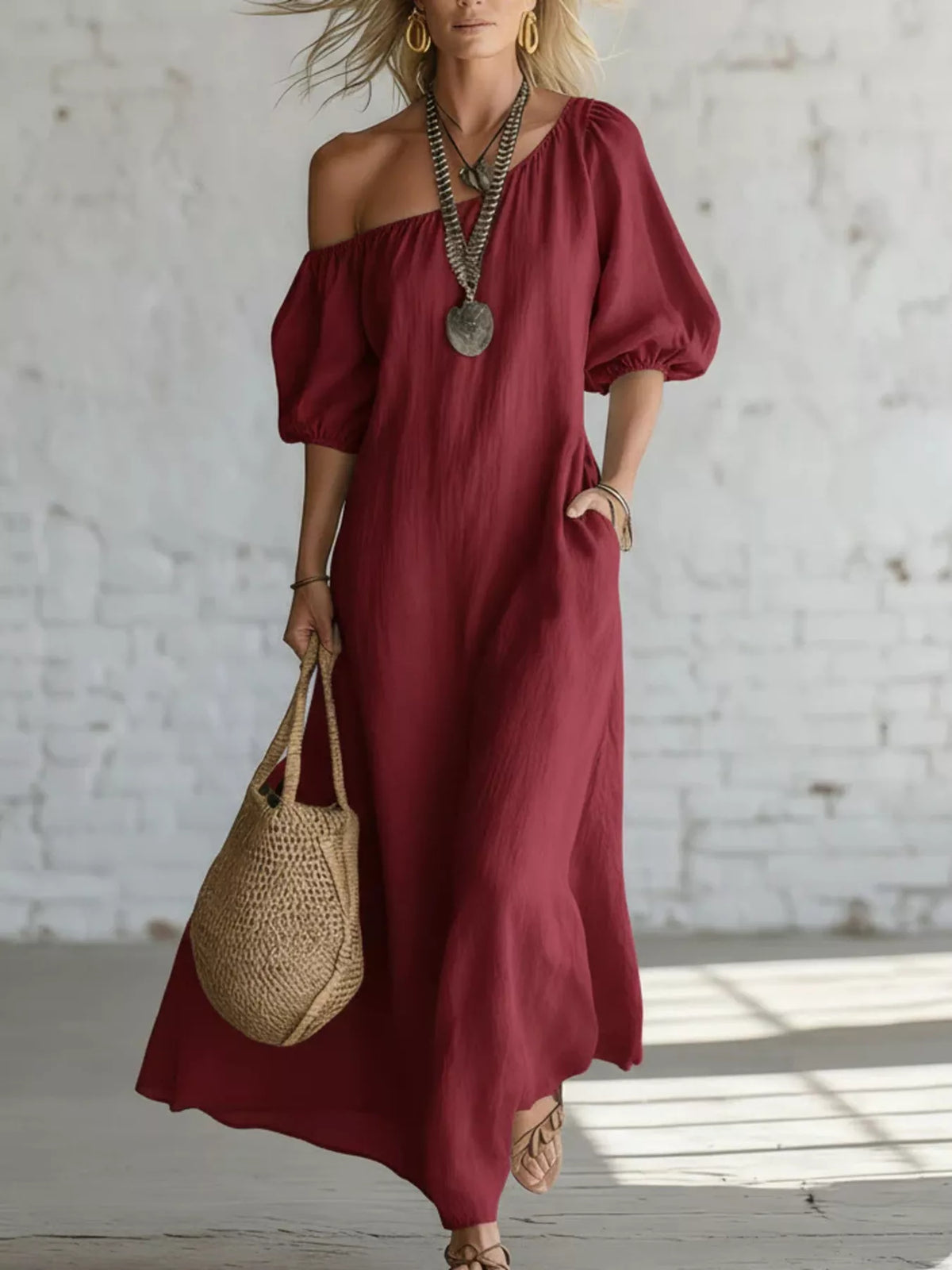 Plush Fashion Hub one-shoulder puff sleeve maxi dress with flowing fabric and elegant style, perfect for formal occasions.