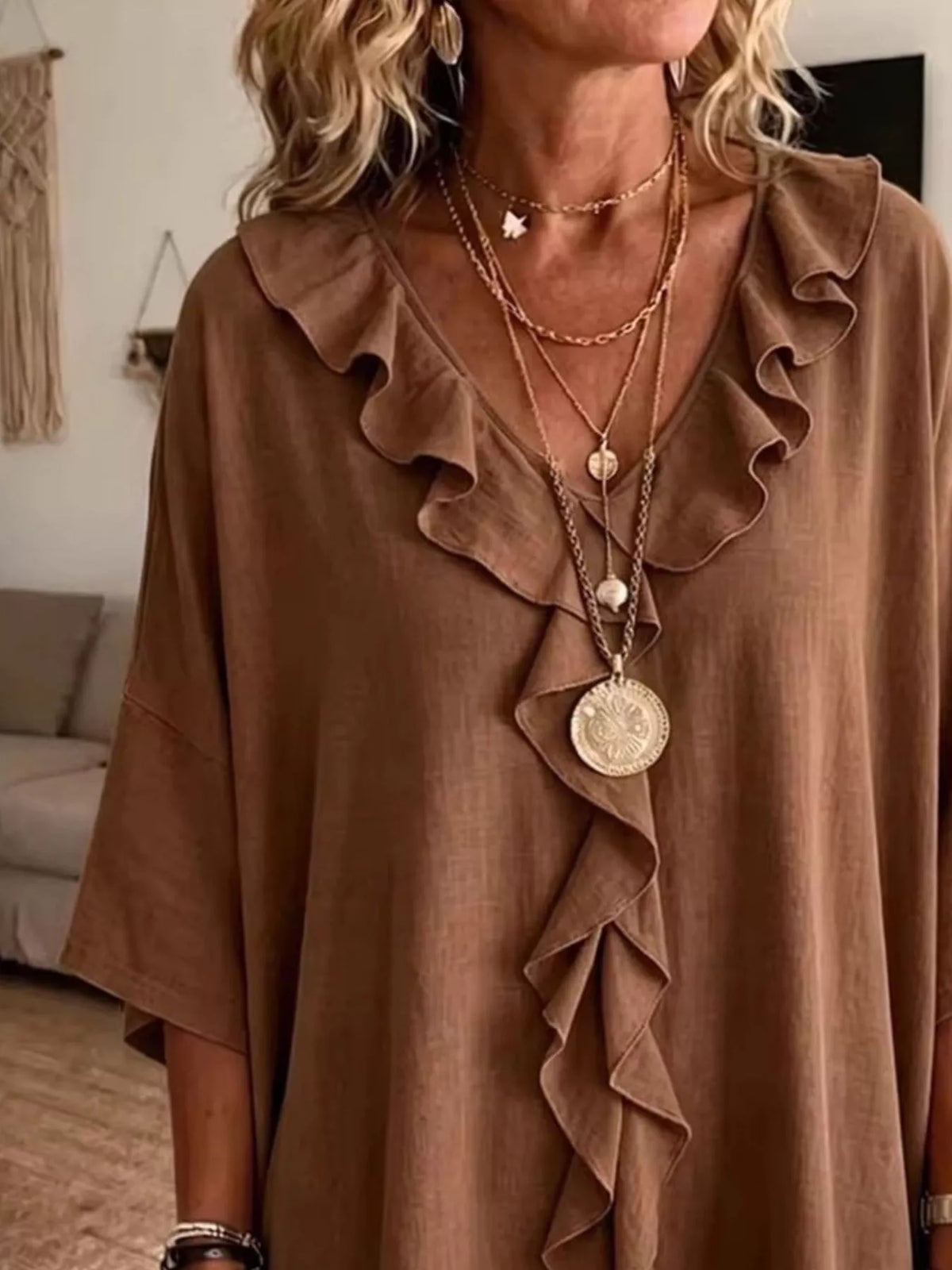 Plus size full ruffle v-neck blouse with 3/4 sleeves from Plush Fashion Hub, featuring a flattering fit and feminine ruffle details.