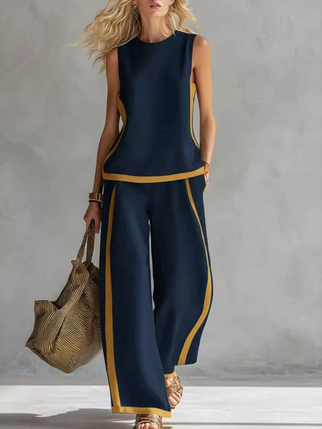 Plus size contrast stripe sleeveless top and wide-leg pants set by Trendsi, featuring bold stripes and a comfortable fit.