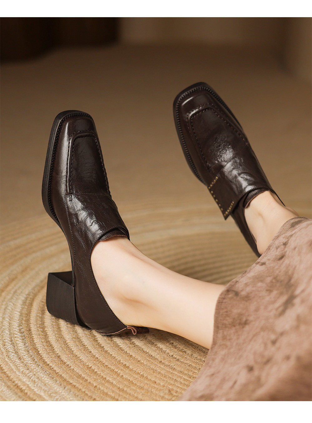 Women's British style square toe chunky heel pumps by Plush Fashion Hub featuring deep vamp and studded design.