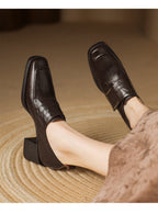 Women's British style square toe chunky heel pumps by Plush Fashion Hub featuring deep vamp and studded design.