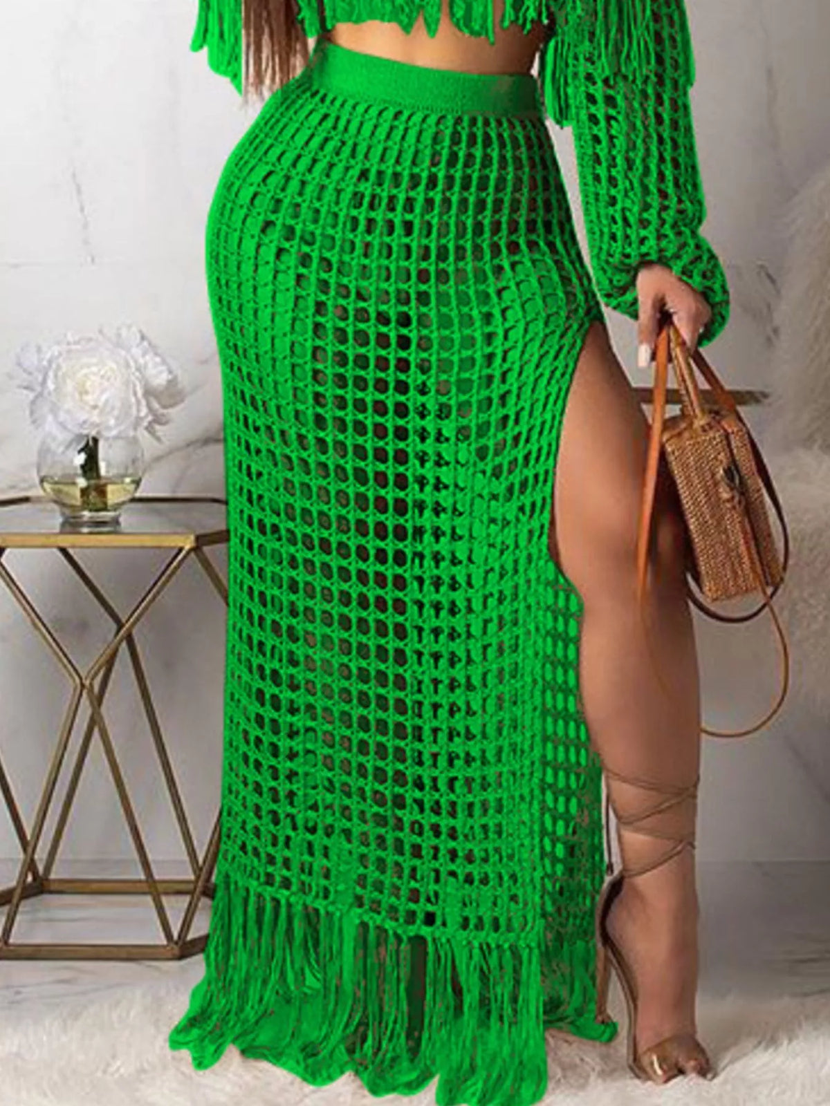 Plus size crochet off-shoulder fringe top and matching skirt set by Plush Fashion Hub, featuring a stylish boho look.