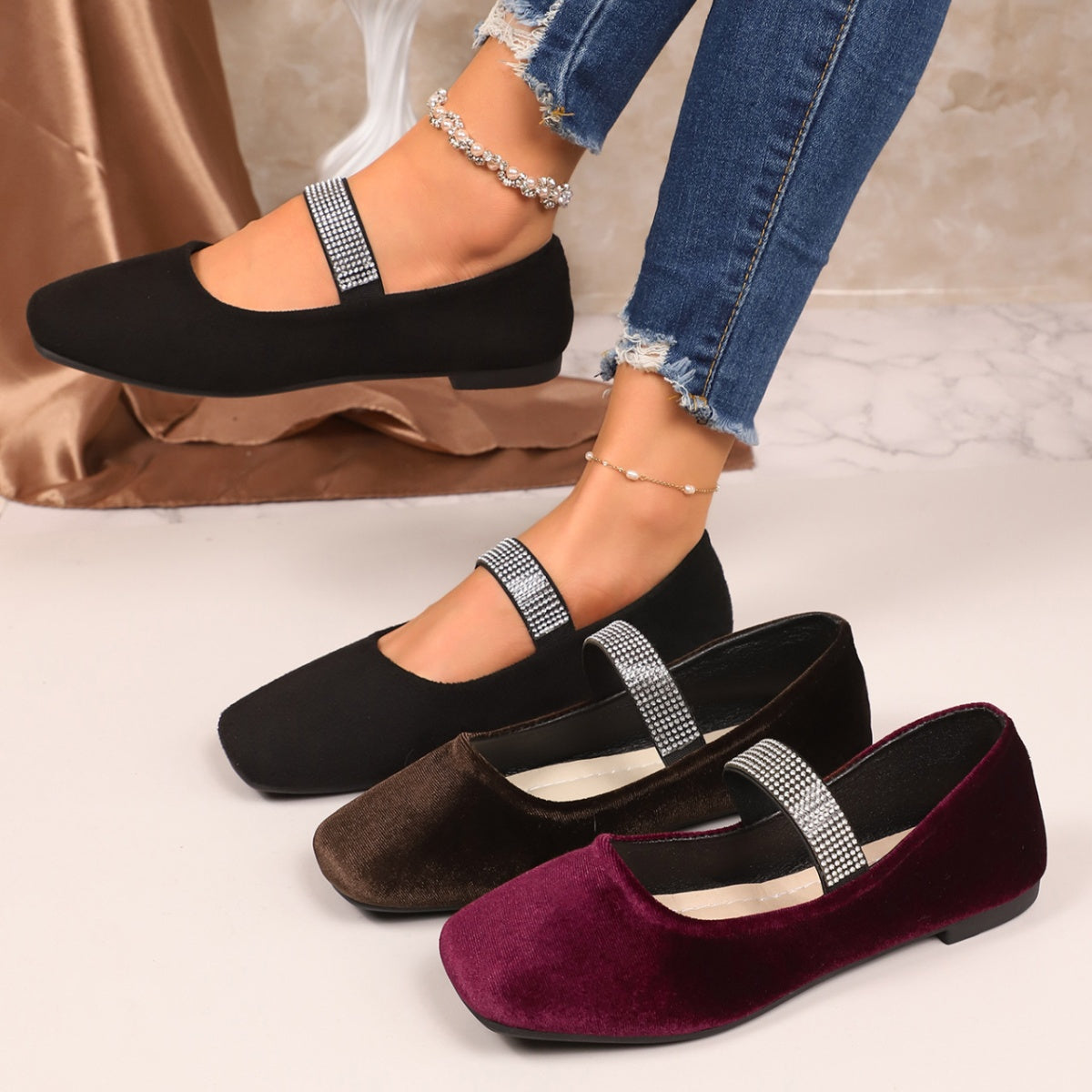 Rhinestone embellished square toe slip-on flats for women by Plush Fashion Hub, showcasing sparkling rhinestones and stylish design.