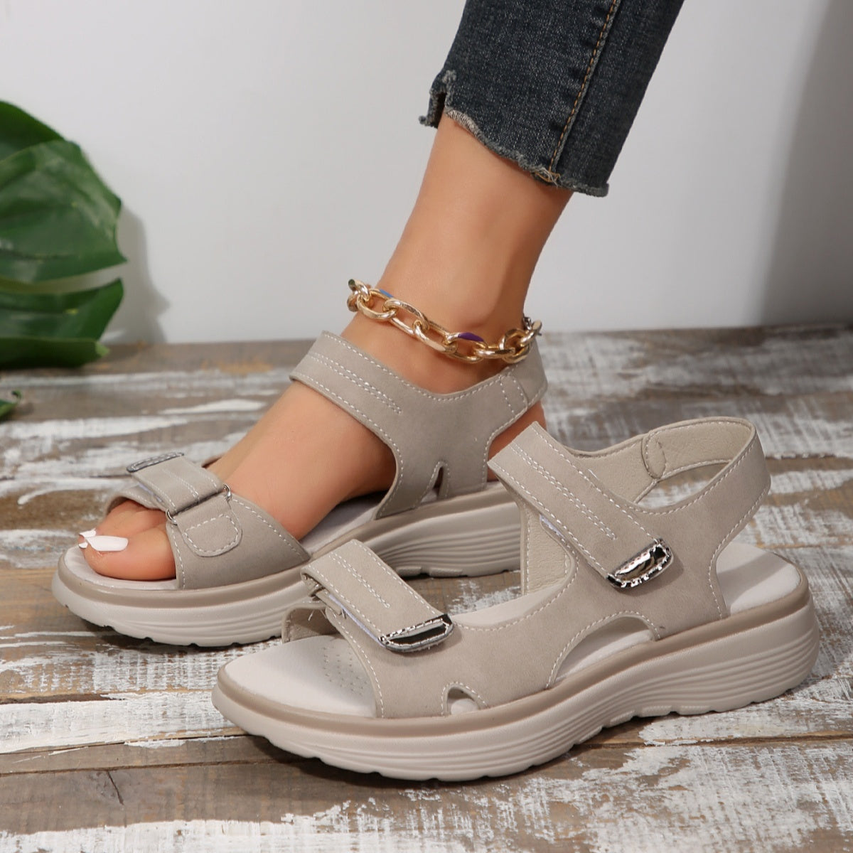 Women's adjustable Velcro open toe flat sandals by Trendsi, featuring comfortable walking shoe design with supportive straps.