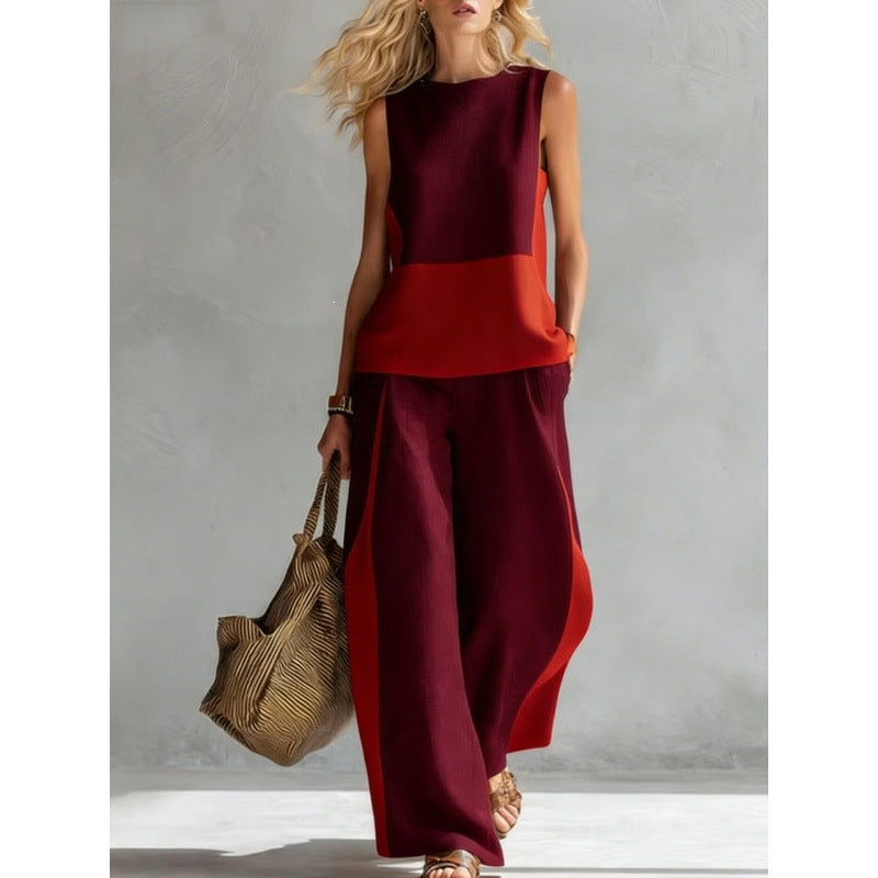 Printed retro sleeveless top and wide-leg pants set by FitiqueFit, featuring vibrant patterns and a stylish two-piece design.