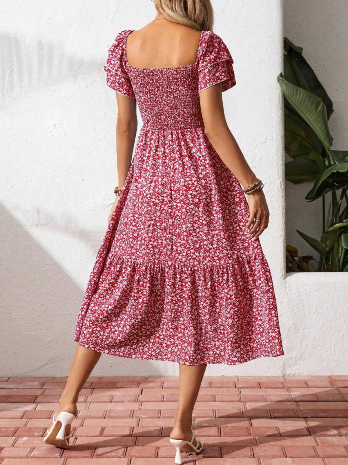 Floral print smocked ruffle sleeve midi dress by Plush Fashion Hub, lightweight summer dress with feminine floral pattern and ruffle details.