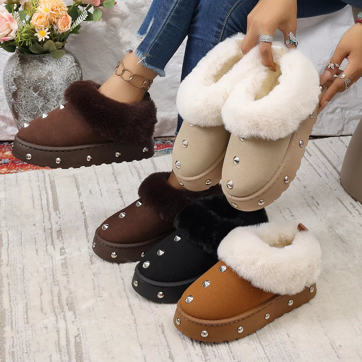 Trendsi studded platform winter boots with faux fur lining, featuring a chunky sole and stylish studded details.
