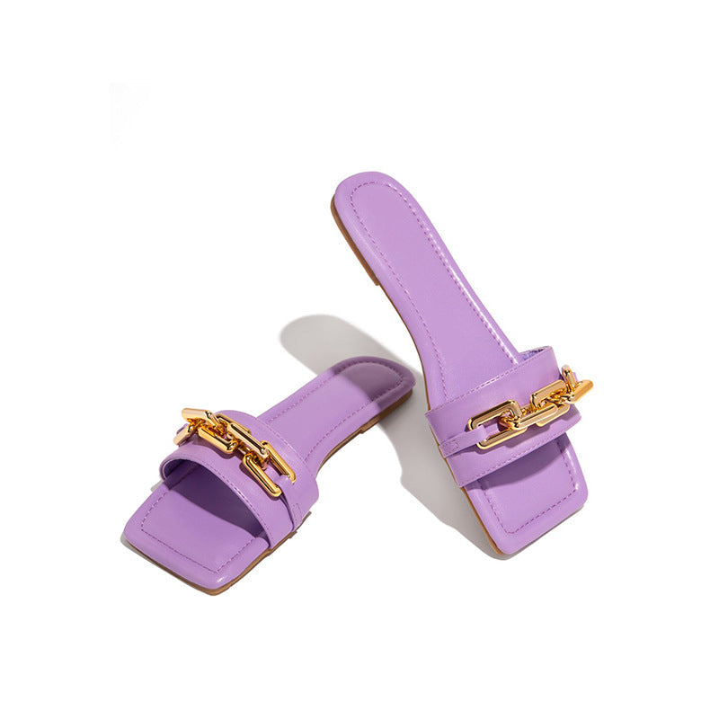 LadyShow.Store women's casual flat bottom sandals with cross adult chain straps, featuring slip-on slippers design.